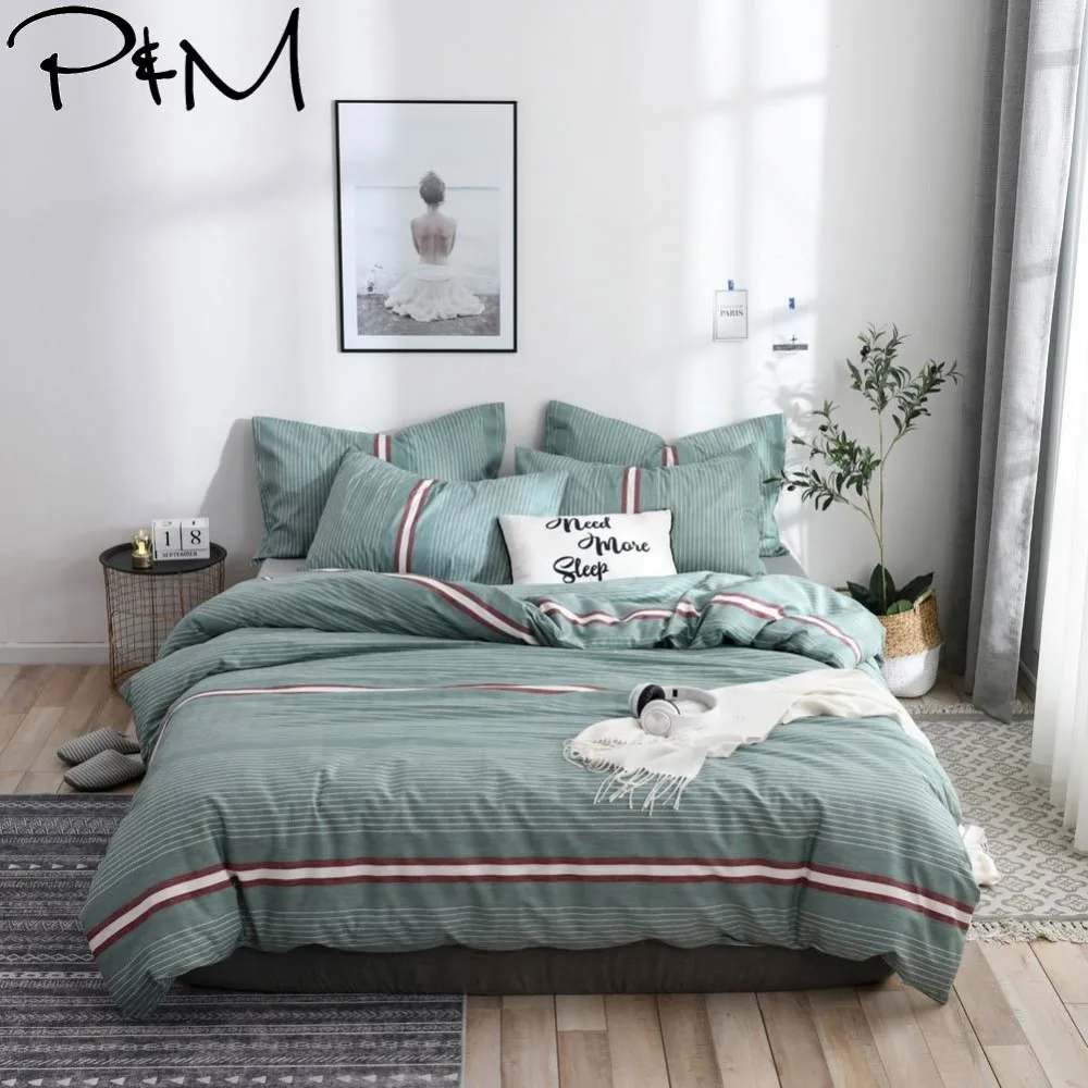 

2019 PAPA&MIMA Green Stripes Lines Bedlinens Twin Queen King Duvet Cover Set 2/3pcs Cotton Fabric Bedding Pillowcases