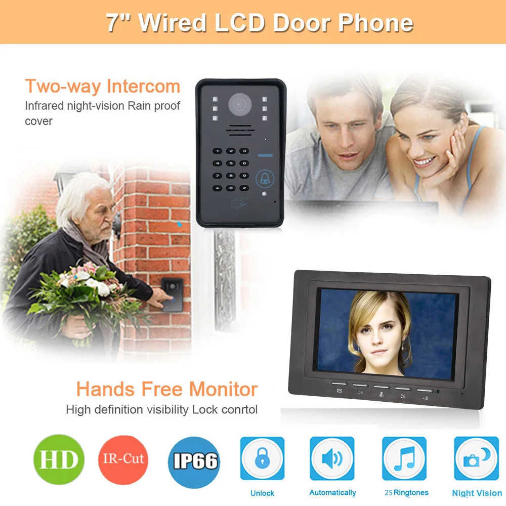 7 "Два монитора RFID пароль видео домофон дверной звонок IR-CUT камера 1000 tv Line система контроля доступа