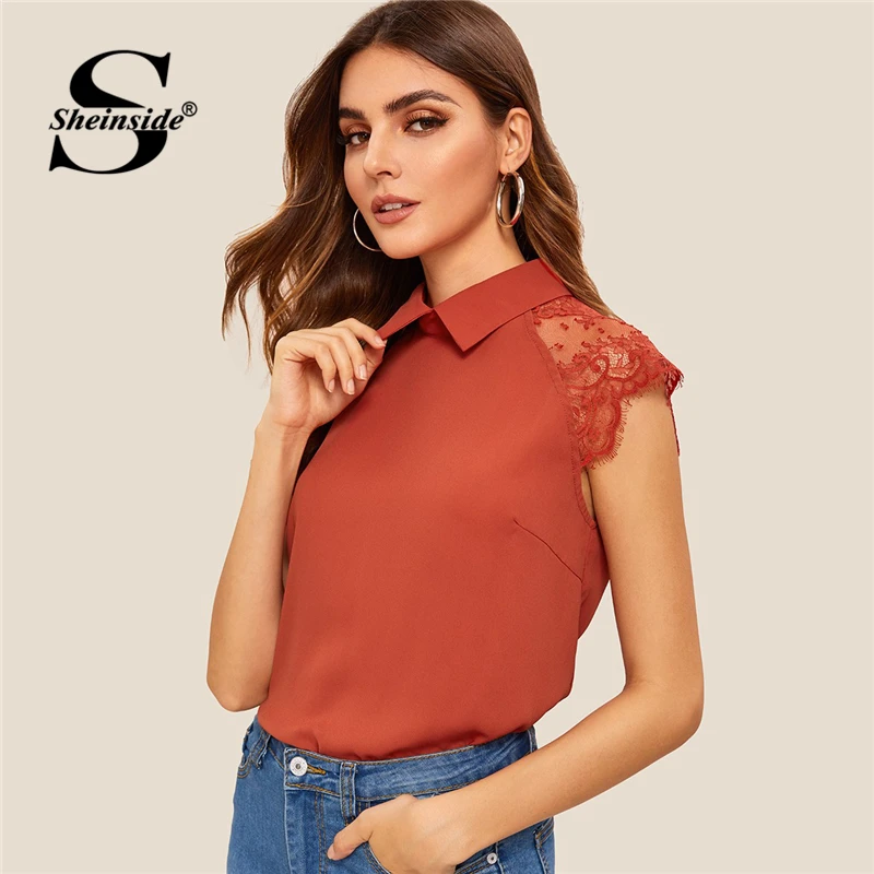 

Sheinside Rust Keyhole Back Lace Insert Top Blouse Women Summer Tops 2019 Office Ladies Workwear Cap Sleeve Elegant Blouses