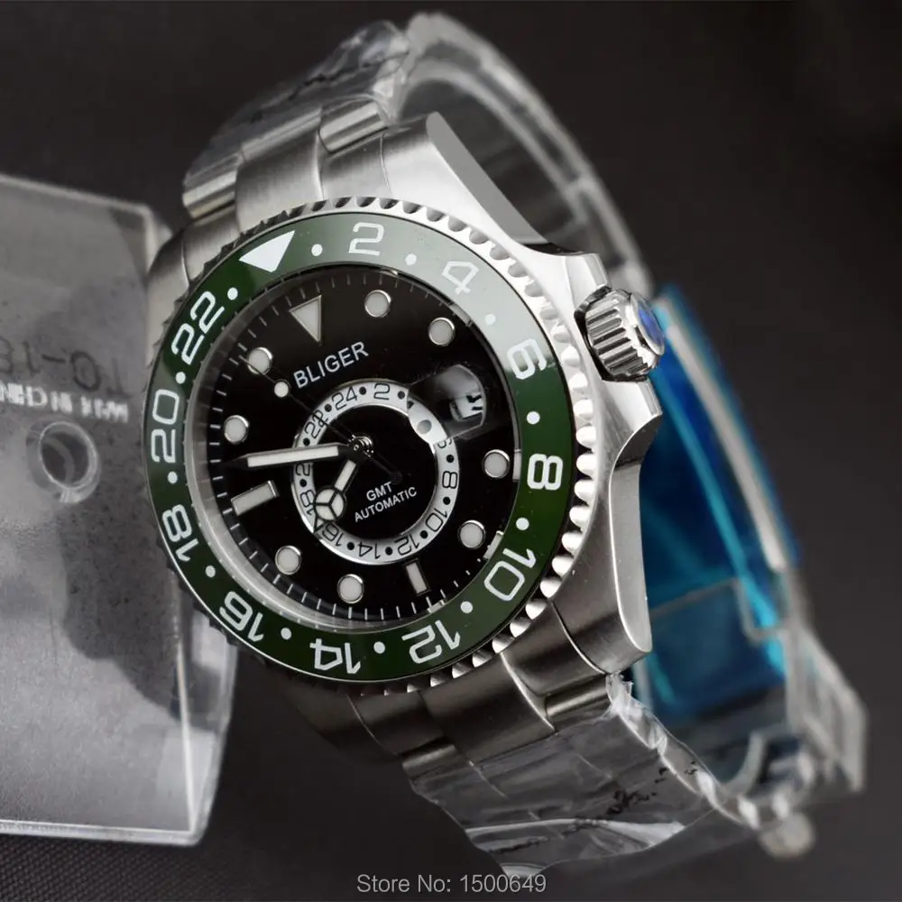 Мужские автоматические часы BLIGER GMT из сапфирового стекла черный циферблат