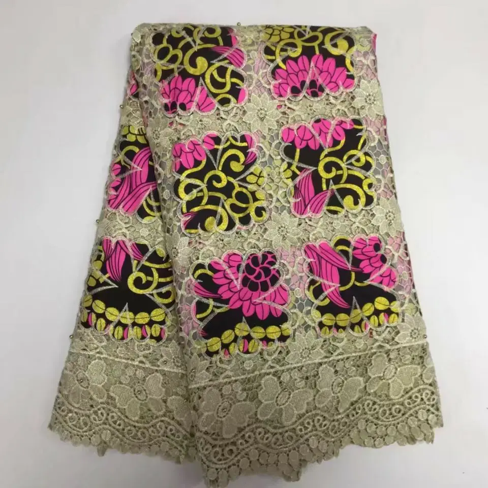 

5 Yards/PC High quality khaki embroidery african water soluble lace and fuchsia flower cotton fabric for clother BW130-6