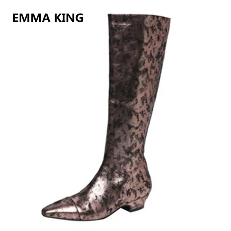 

2019 Runway New Gold Metal Color Knee High Boots Women Pointed Toe Bursting Pattern Luxury Shoes Woman Winter Long Knight Boots