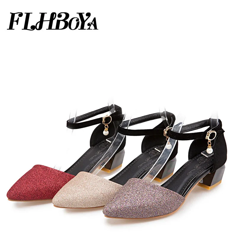 

2018 Summer Ladies Bead Buckle Strap Square heel Sandals Pointed Toe Low chunky Heels Shoes Woman Gold Party dress Female Pumps