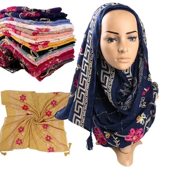 

Beautiful Embroidery Rhinestone Scarf Wedding Hijabs With Pendant Women Headscarf Plain Color Cotton High Quality Shawl 185g