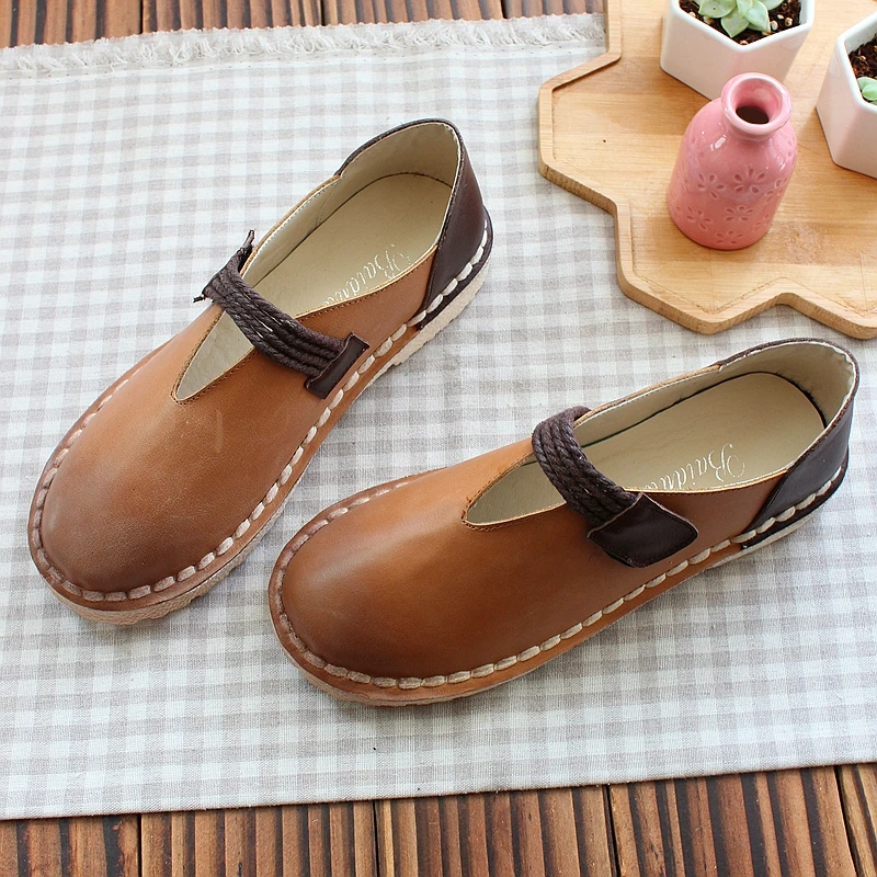 Confortable Beige vert Occasionnels Véritable Ronde Chaussures Main Littéraire Rétro Cuir Femmes En Plat Tête Fond Poupée Mou Belle Unique marron pwTK6xHKfq