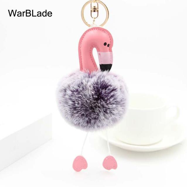 New Flamingo Pompom Keychain Fluffy Fake Rabbit Fur Ball Key Chain Porte clef Women Car Bag pompon Key Ring Accessories