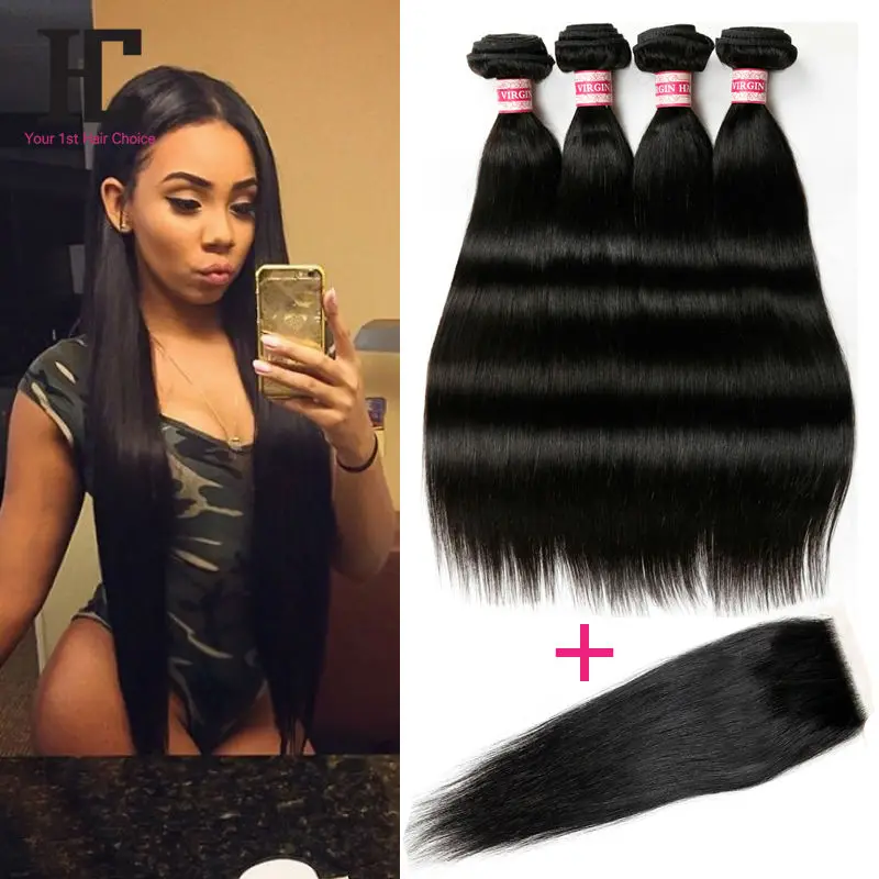 Grade 8A Peruvian Virgin Hair With Closure 4 Bundles Straight Hair With Closure Queen Hair Products With Closure Bundle HC Hair