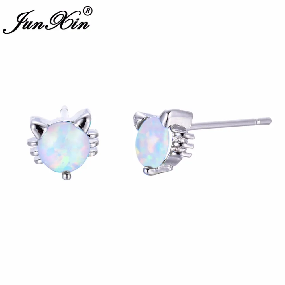 JUNXIN милый котенок серьги запонка с опалом серьги модные двойные серьги для женщин 925 серебро ювелирные изделия