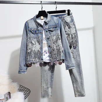 

2019 KKILLERO European Women Fashion Sequins Short Denim Jacket Coat + Hole Jeans Two Piece Vintage Denim Set Student Streetwear