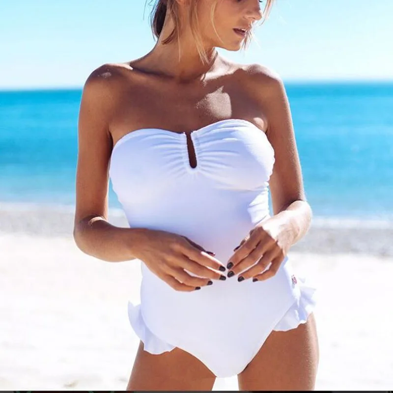 

Swimwear Women 2019 New White High Waist Bathing Suit Push Up One Piece Swimsuit Bodysuit Monokini Deep V Neck Beachwear 3277