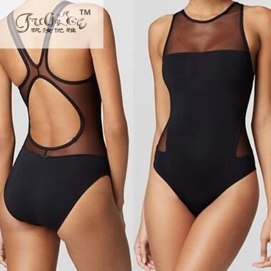 

Hot Sales Women Sexy Round Collar Padded Spliced Black One Piece Swimsuit Monokini Swimwear Push Up Plus Size Bathing Suits