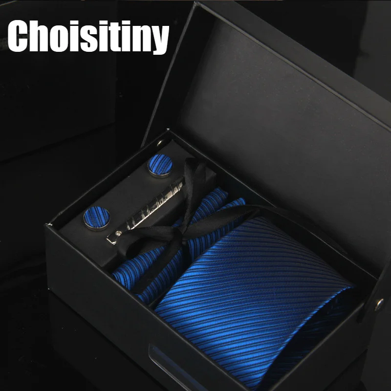 

Choisitiny Brand 8cm Classic Men Tie Business Wedding Striped Tie For Man Gift Set Tie,Handkerchief,Cufflinks,Clips in 1 Box