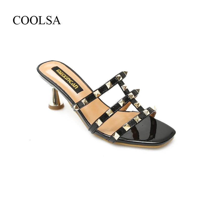

COOLSA Women's Shiny Metal Rivets Slippers Women Fashion Dating Rome Slides Quality Designer Non-slip Party Nightclub Slippers