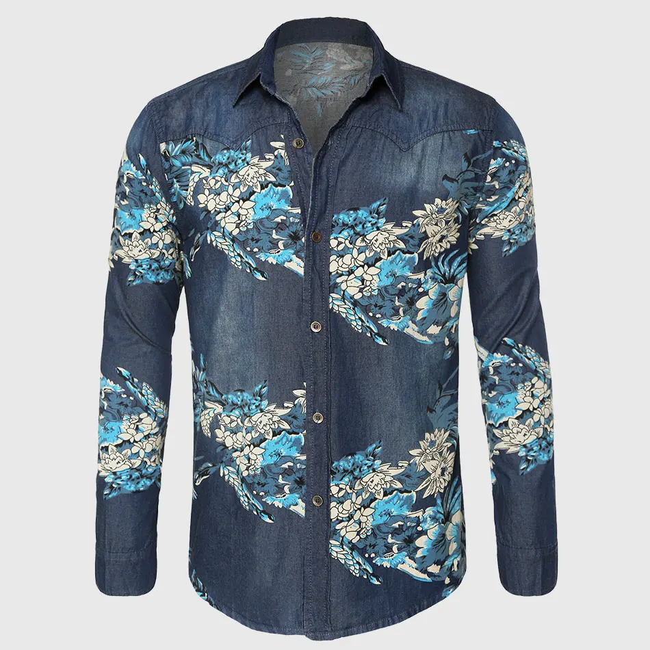 Мужская винтажная джинсовая рубашка с цветочным принтом|camisa masculina|shirt jeansmen flower |