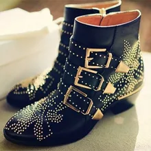 Стильный Пряжки На Низком Каблуке Ботильоны Шипованных Шипы Панк Ботинки Женщин