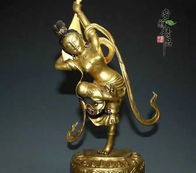 

China Bronze Copper 24K Gold Gild Lute Tara Goddess Kwan-yin Bodhisattva Statue