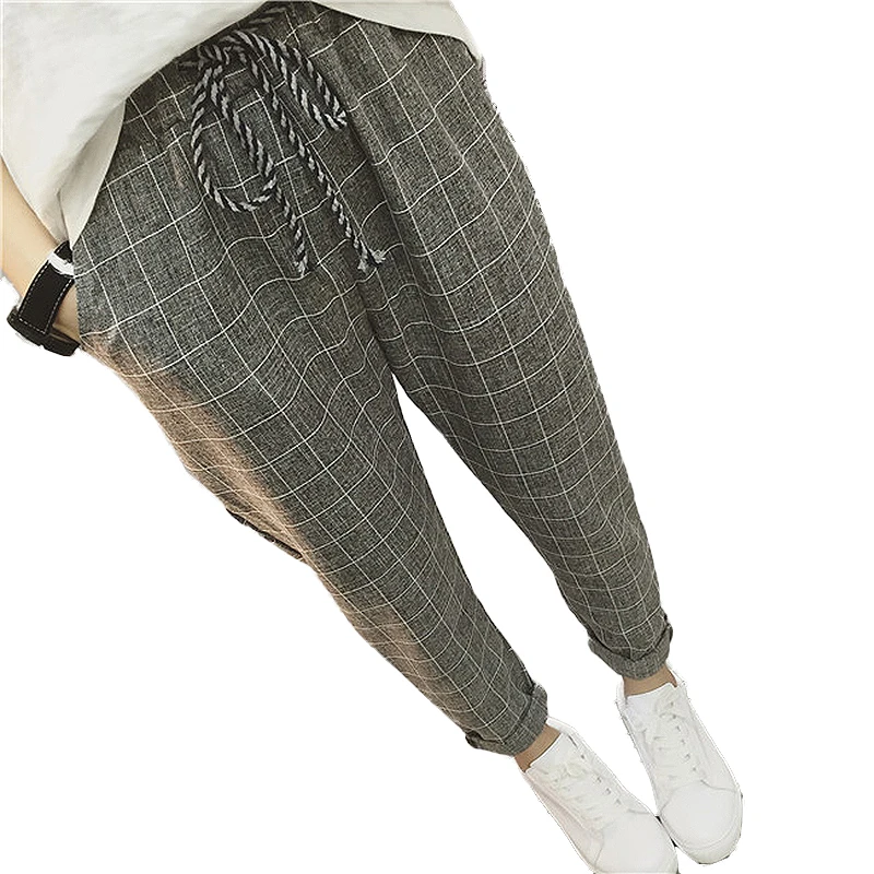 Kopen 2017 Nieuwe zomer Toevallige Losse Harembroek Katoen Plaid Capri Grid vrouwen broek Lente broek vrouwen sarouel femme