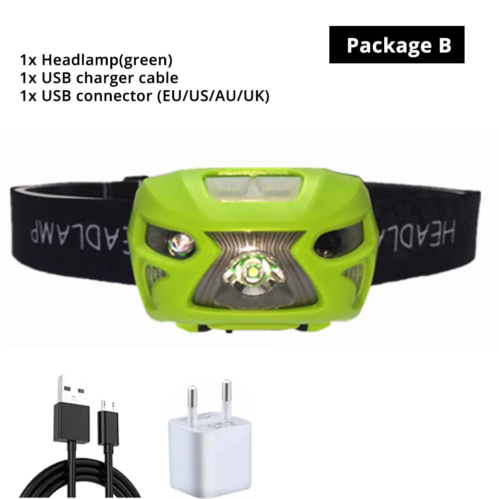 green-B Светодиодный налобный фонарь с датчиком движения, перезаряжаемые Налобные фонарики USB 5 Вт, 8 режимов, идеально подходит для рыбалки, прогулок, кемпинга, чтения - Испускаемый цвет: green-B