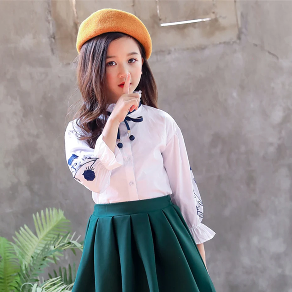 

White Girls Blouse Long Sleeve School Blouse For Girls Autumn Embroidery Shirt Girls Teenage Costumes For Girls 4 6 8 10 12 Year