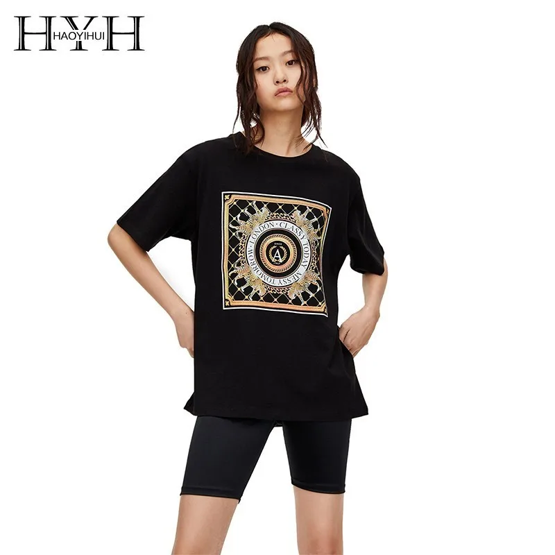 

HYH Haoyihui Femme Simple Summer Stylish Black Casual Tops Easy Match Chest Scarf Type Flower Printing Round Neck Short Sleeves