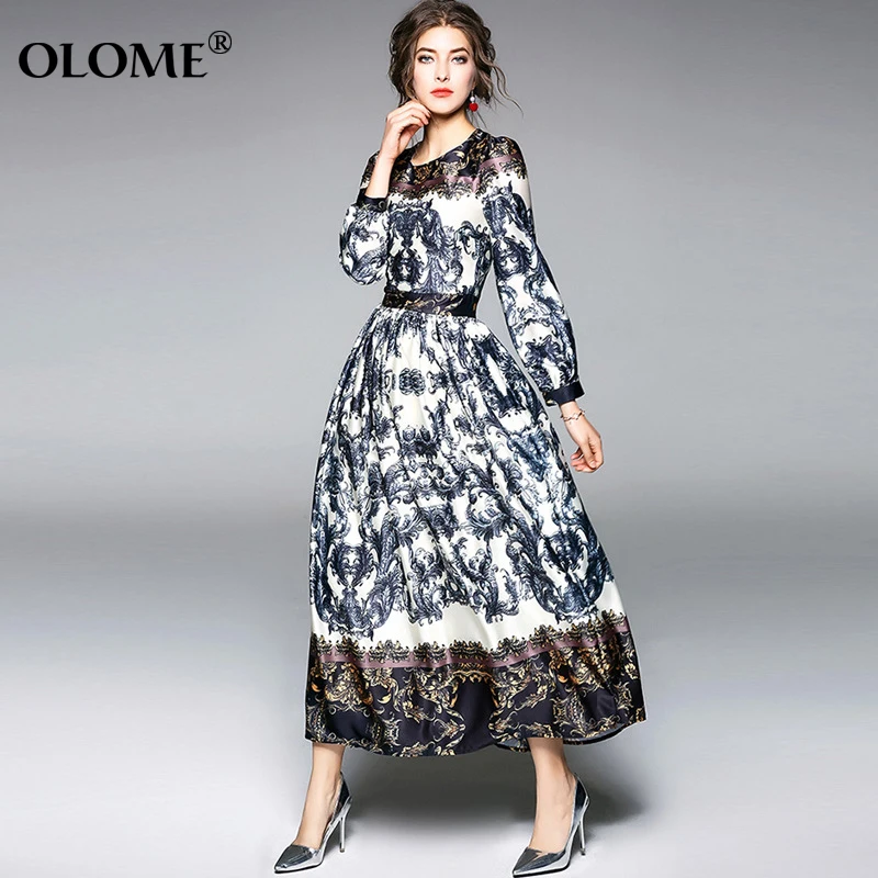 

Women Dress Casual Party Dresses 2019 Spring New O Neck Lantern Long-sleeved Blue And White Porcelain Print Waist Dress Women