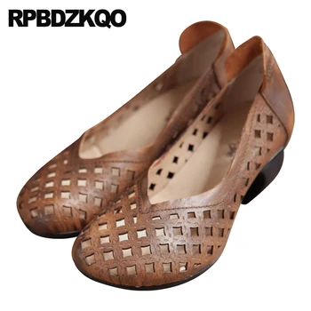 

Closed Toe Cage Plus Size Luxury Brown Thick Large High Heels Women Shoes 2018 Spring Sandals Summer Genuine Leather Block Pumps