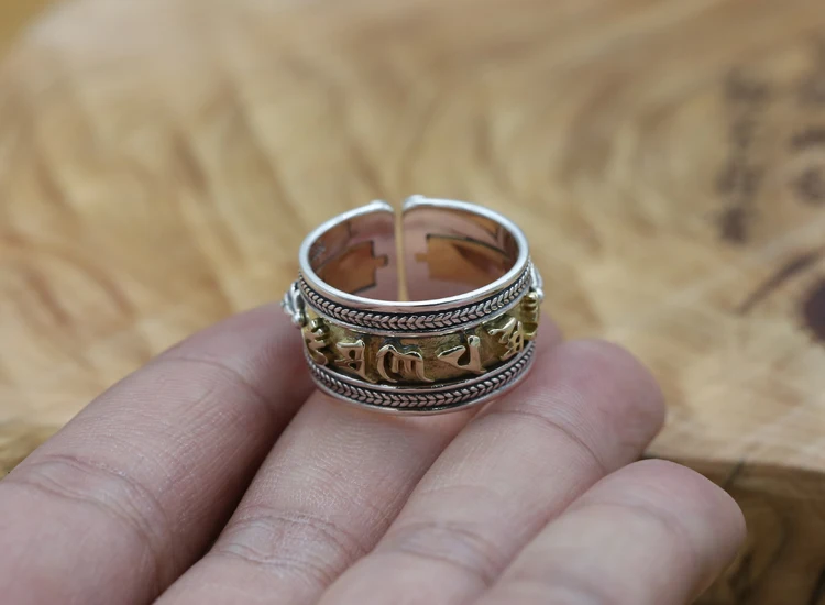 Винтажное Настоящее серебро 925, тибетское кольцо OM meni Padme Hum, Стерлинговое буддийское кольцо с мантрой, чистое серебро, тибетское кольцо, регулируемое