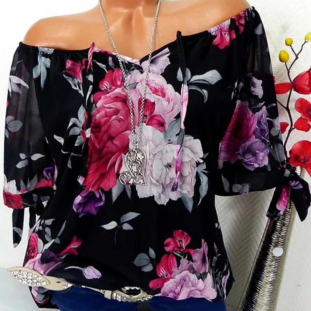 

Women Blouse Plus Size Short Sleeve Print Off Shoulder Chiffon Pullover Tops Shirt Summer beach Boho Chiffon Shirt Blouse #20