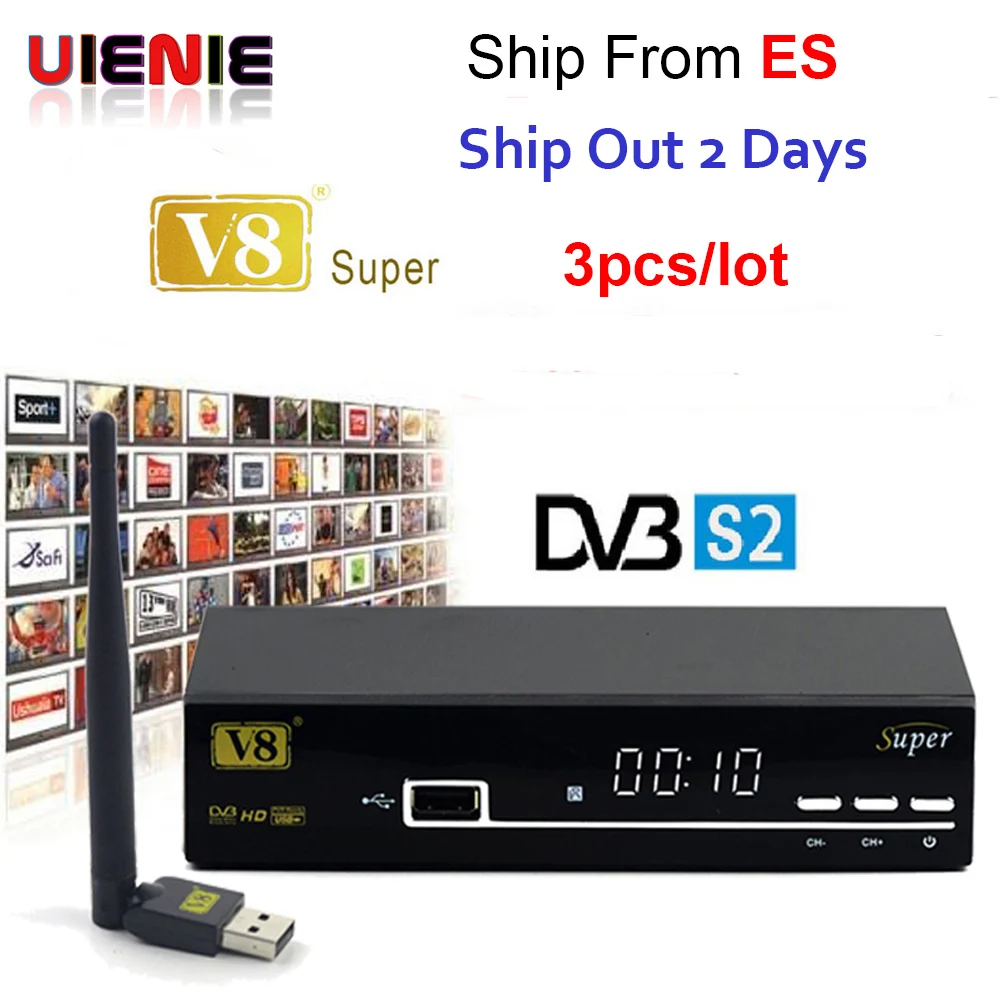 

3 piezas V8 receptor DVB-S2 FTA de alta resolucion HD 1080 p compartiendo internet clines / newcam / mgcam / biss Recoder con US
