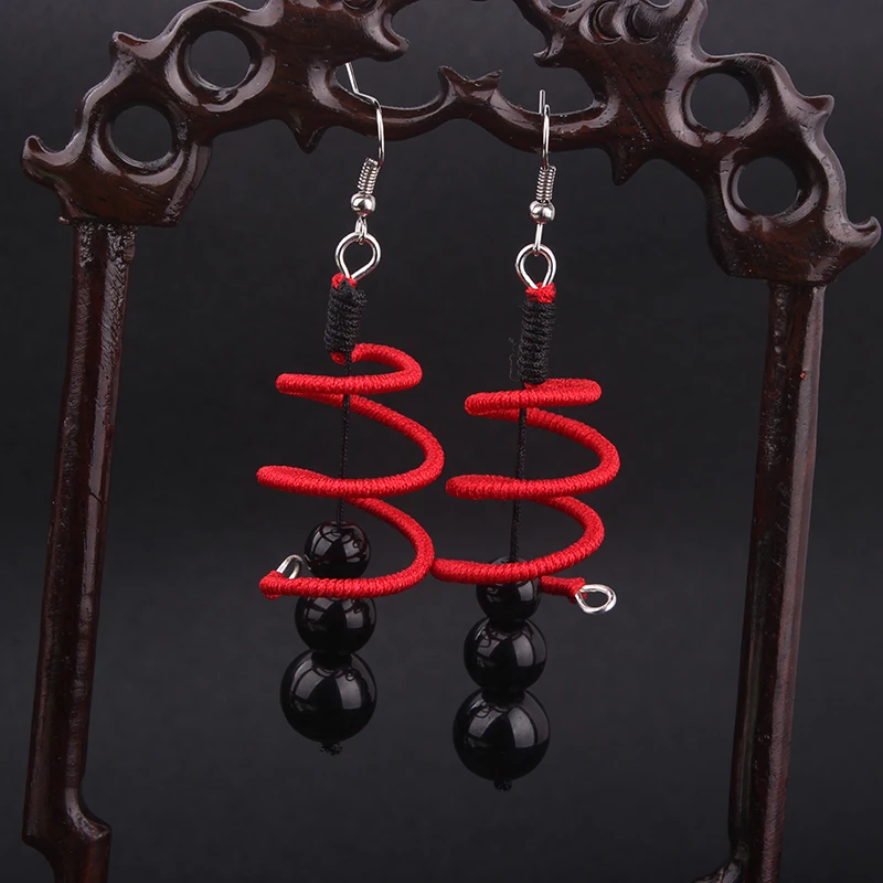

Big brand handmade Chinese wind DIY black beads red thread dangle earrings ,New Ethnic jewelry bardian earrings