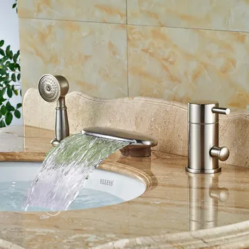 

Deck Mounted Nickel Brushed Three Holes LED Waterfall Bathtub Faucet with Hand Shower