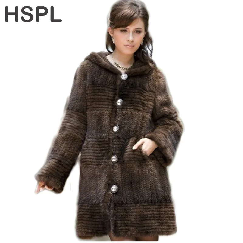 HSPL норковая шуба для женщин Мода натуральный длинный вязаный мех норки Куртки для зимы sobretudo feminino longo