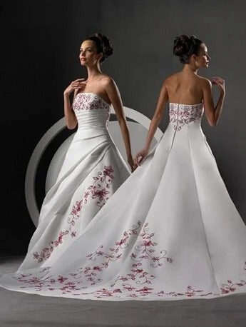 2015 Spring Strapless Gowns Vintage Wedding Dresses Chapel Train And Red Embroidery Custom Made | Свадьбы и торжества