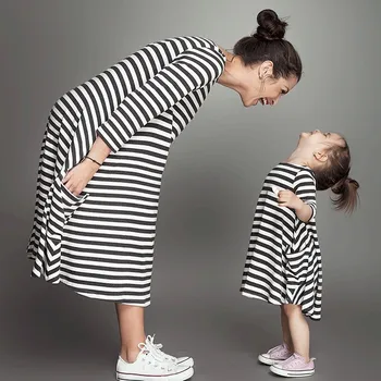 

2020 Spring Autumn New Black And White Striped Parent-child Dress Girl Long-sleeved Casual Dress Mother Baby Outwear Clothing