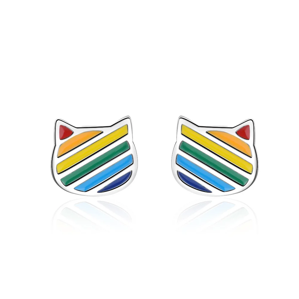 Girls Cat Colorful Ear Studs 925 Sterling Silver