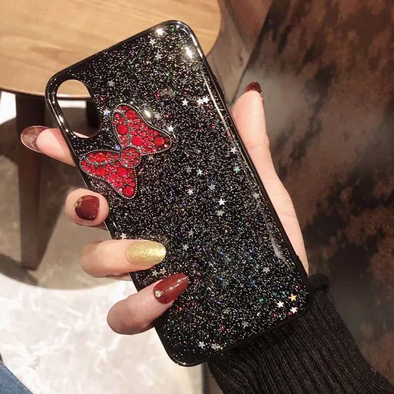 

Tfshining Glitter Sequin Bling Phone Case For iphone XR XS Max X 7 8 Plus 6 6S Plus Glossy Epoxy Star Bow Girly Soft Cover funda