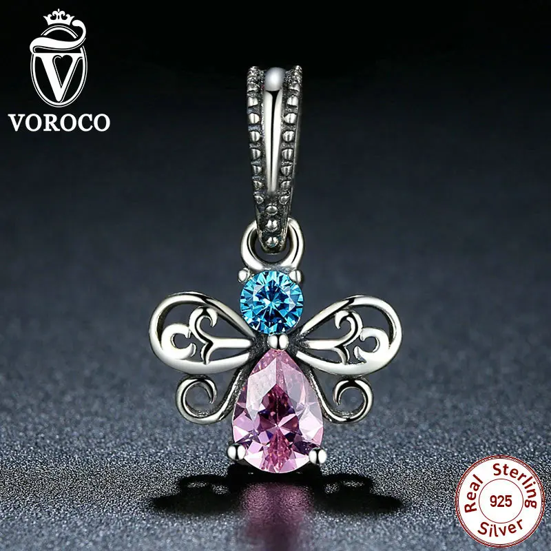 VOROCO New Arrival 925 Sterling Silver Bee Insects Charms Pendants fit Pandora Bracelets for Women Beads