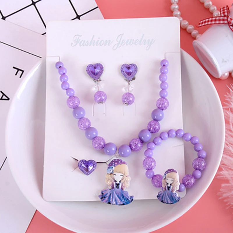 Милое детское ожерелье из мультфильма браслет принцесса девочка Ухо без отверстия Дисней Холодное сердце принцесса кольцо принца набор используется для домашних игрушек - Цвет: Purple Girl