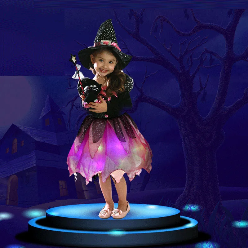 Детский светодиодный светильник для девочек; костюм ведьмы; детское светящееся платье для костюмированной вечеринки; нарядное платье для карнавала, вечеринки, Хэллоуина, Рождества