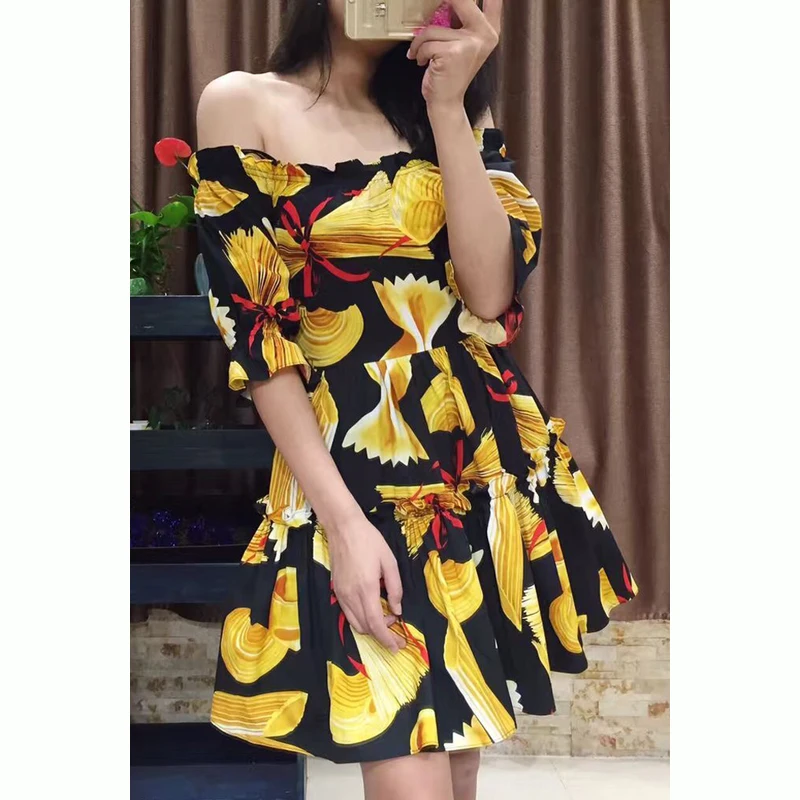 

High quality ladies elegant women's bow print slim waist ruffle 100% cotton one-piece dress