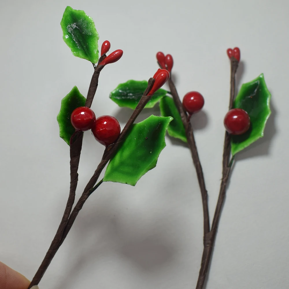 5PCS Artificial Berry Branches 10cm Christmas Wedding Birthday Party Garden Home Shop Office Decoration 2 Berries+3 Leaves | Дом и сад