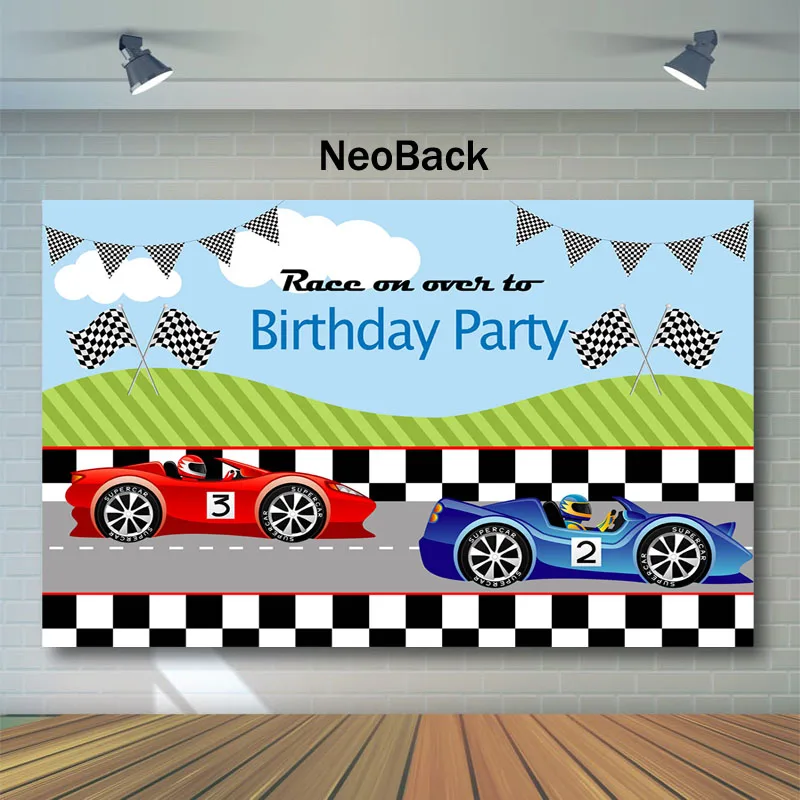 

NeoBack Racing theme Boy Happy Birthday Background For Photo Racing Flag Red Blue Racing Car Children Birthday Photo Backdrops
