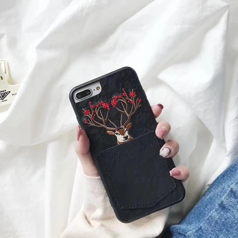 Aoweziic 3D Christmas embroidery elk 6S mobile phone shell pocket insert For iPhone7plus full package 8plus cell phone set X XS