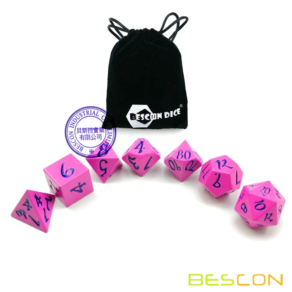 Bescon стиль твердые металлические кости набор темно-розовый w/черные цифры, металлические RPG миниатюрные многогранные кости набор