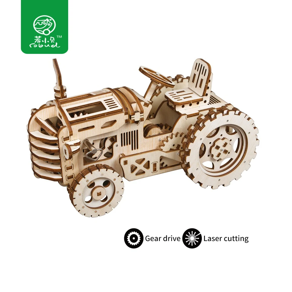 

Robud Assembly Movable Tractor by Clockwork Spring Wooden Model Building Kits Toys Hobbies Puzzle Gift for Children LK401