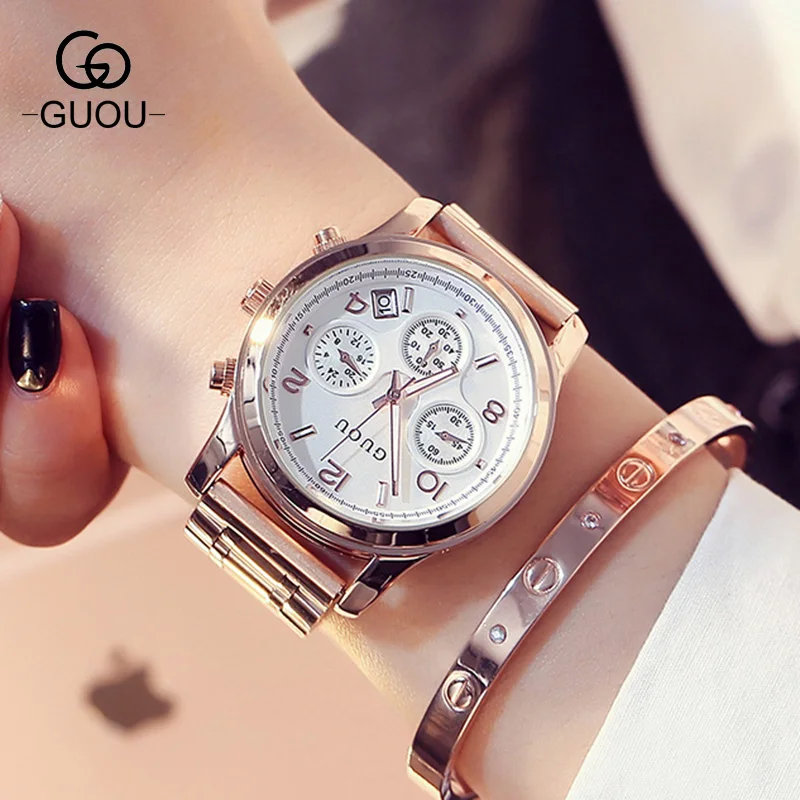 GUOU Luxury Brand 3 Eyes Stainless Steel Rose Gold Waterproof Quartz Women Wrist Watch Wristwatches 1 Year Warrenty 8175 GU003 цена GUOU Luxury Brand 3 Eyes Stainless Steel Rose Gold Waterproof Quartz Women Wrist Watch Wristwatches 1 Year Warrenty 8175 GU003 цены онлайн