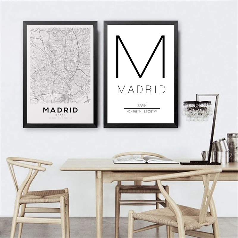 Карта города Мадрид настенная Печать на холсте и плакат испанская уличная карта картины черно-белые дорожные плакаты домашний Декор стены