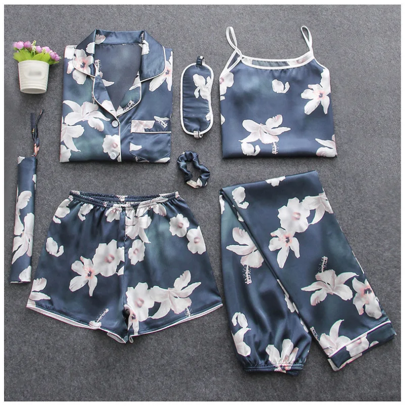 Satin Sleepwear Sexy Pyjamas Pijamas Women Pajamas Sets Slik Sleep Lounge 7 Pieces Nightwear Ladies Pajama Suit Indoor Clothing for women (11)