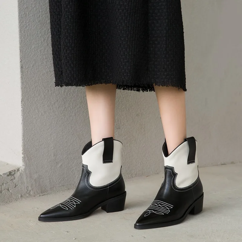 MNIXUAN/женские ковбойские ботинки в готическом стиле; Новинка года; джинсовые ботильоны из натуральной кожи на высоком каблуке с принтом змеи; цвет белый, Западный, черный
