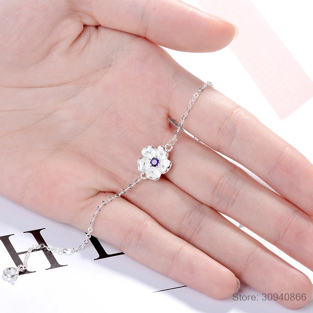 925 серебряные женские модели цветок браслеты прозрачный австрийский кристалл сливы Дизайн цепочка из звеньев с шармом ювелирные изделия для женщин леди подарок
